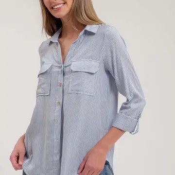 Stripe Collared Long Sleeve Button Down Shirt - BLUE