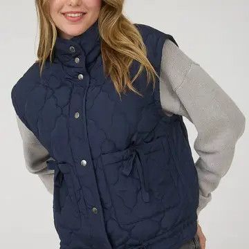 Tie Detail Snap Button Down Quilted Puffer Vest - NAVY