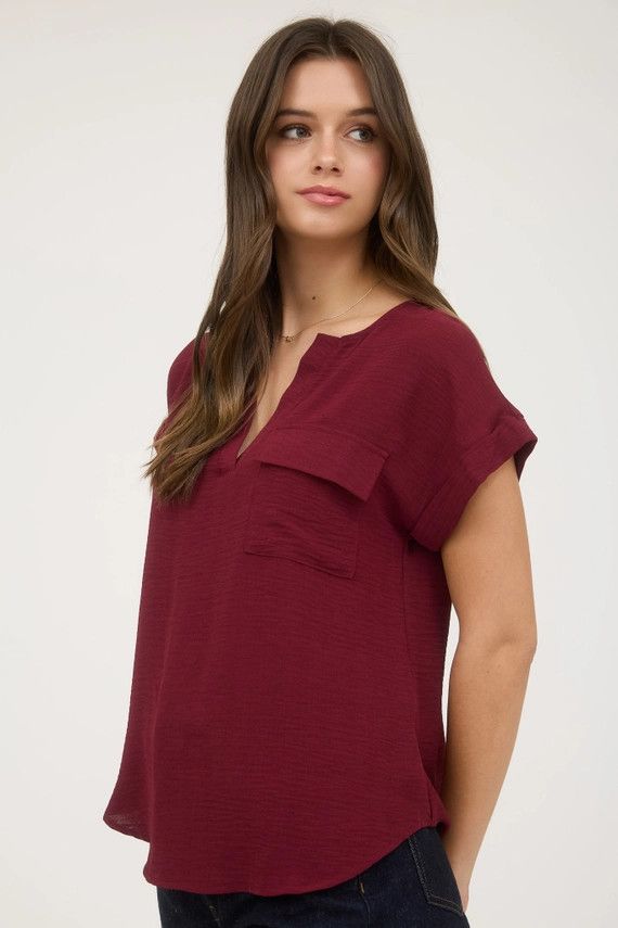 Split Neck Back Button Short Fold Sleeve Top