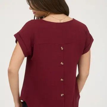 Split Neck Back Button Short Fold Sleeve Top