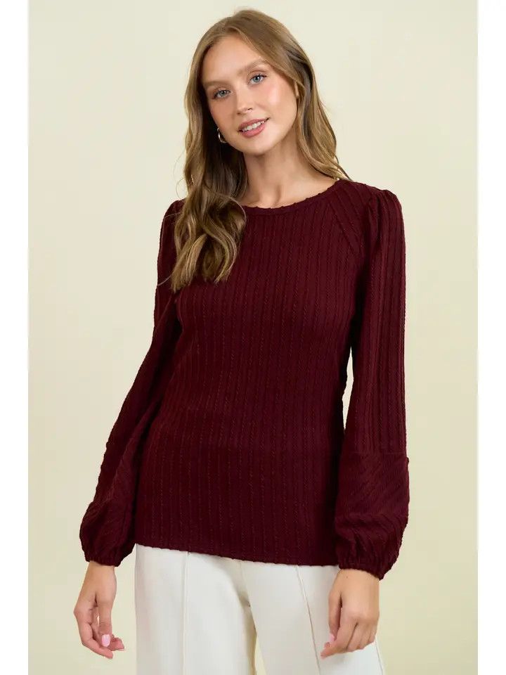 Round Neck Bubble Long Sleeve Textured Knit Top - RED