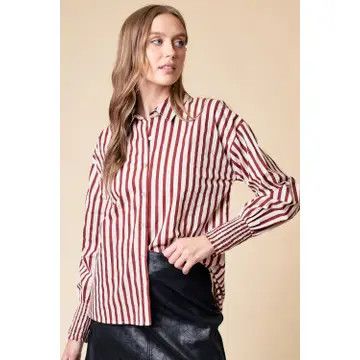  Stripe Mixed Over-Sized Button Down Top -  RED