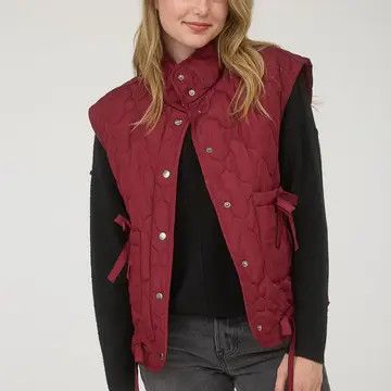 Tie Detail Snap Button Down Quilted Puffer Vest - RED