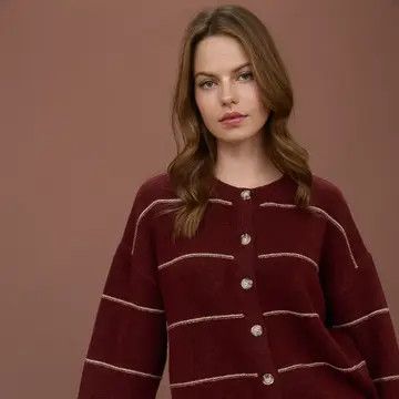 Thin Stripe Round Neck Button Down Cardigan - RED