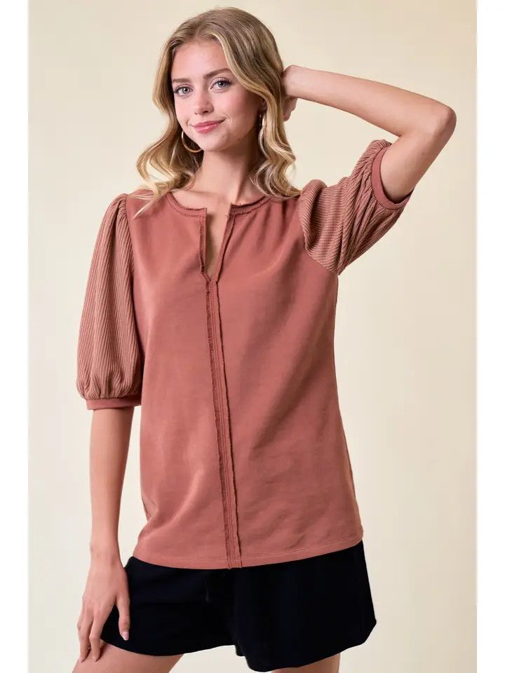 Ribbed Knit Puff Sleeve Top - RED