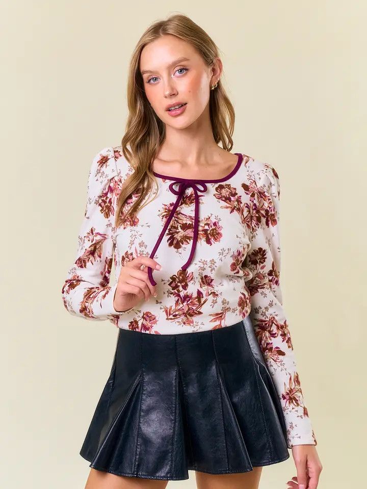 Floral Square Neck Ribbon Puff Long Sleeve Top - RED