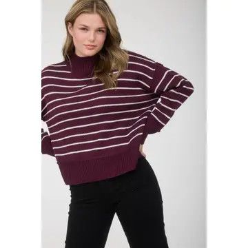 Stripe Mock Neck Side Split Knit Pullover Sweater - Purple