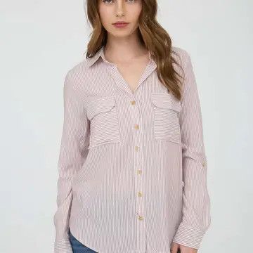  Striped Collared Button Down with Pockets - RED