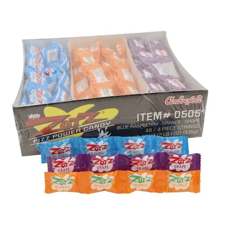 Zotz Fizzing Candy Strings, Blue/Orange/Grape