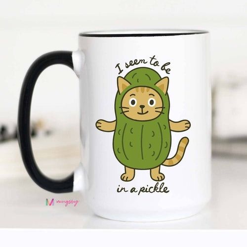 Funny Cat Coffee Mug – I Seem to Be in a Pickle | Mugsby