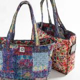 Reversible Puffy Tote Bag - Large Blue Patchwork
