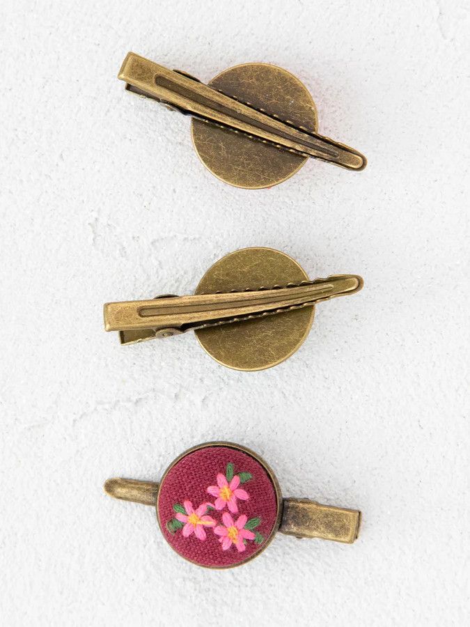 Embroidered Button Hair Clips, Set of 3