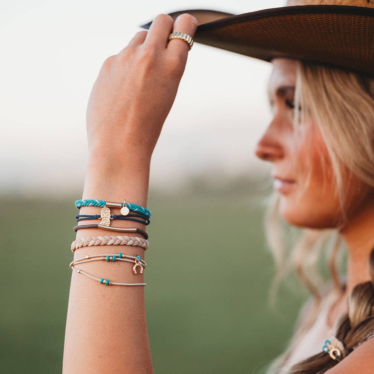 "Stride" Turquoise with Gold Cowboy Boot Hair Tie Bracelets, Medium
