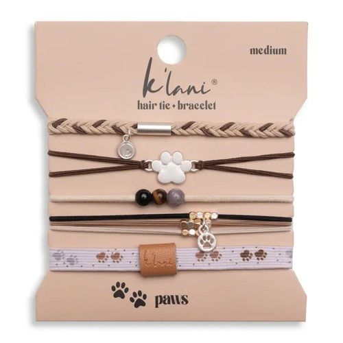 "Paws" Natural Hues with Silver &amp; Paw Accents Hair Tie Bracelet - Small