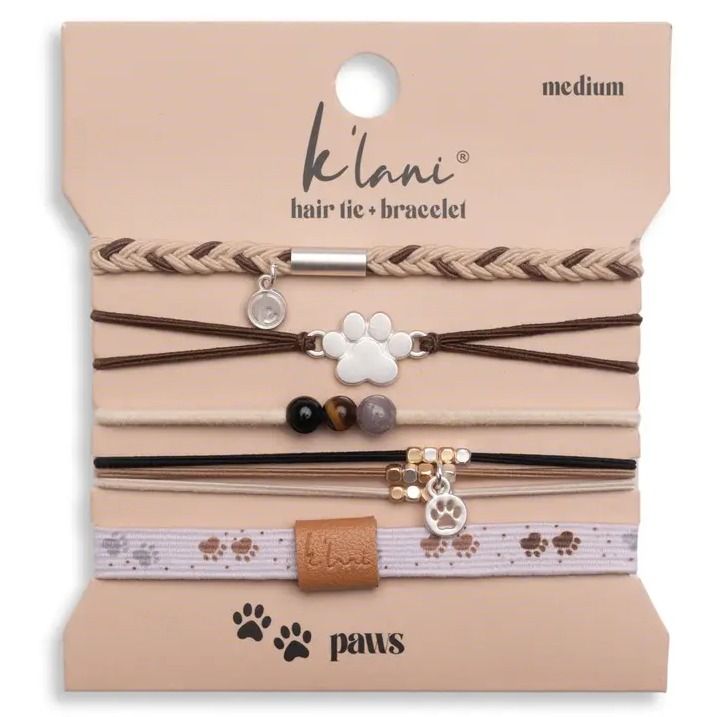 "Paws" Natural Hues with Silver &amp; Paw Accents Hair Tie Bracelet - Small