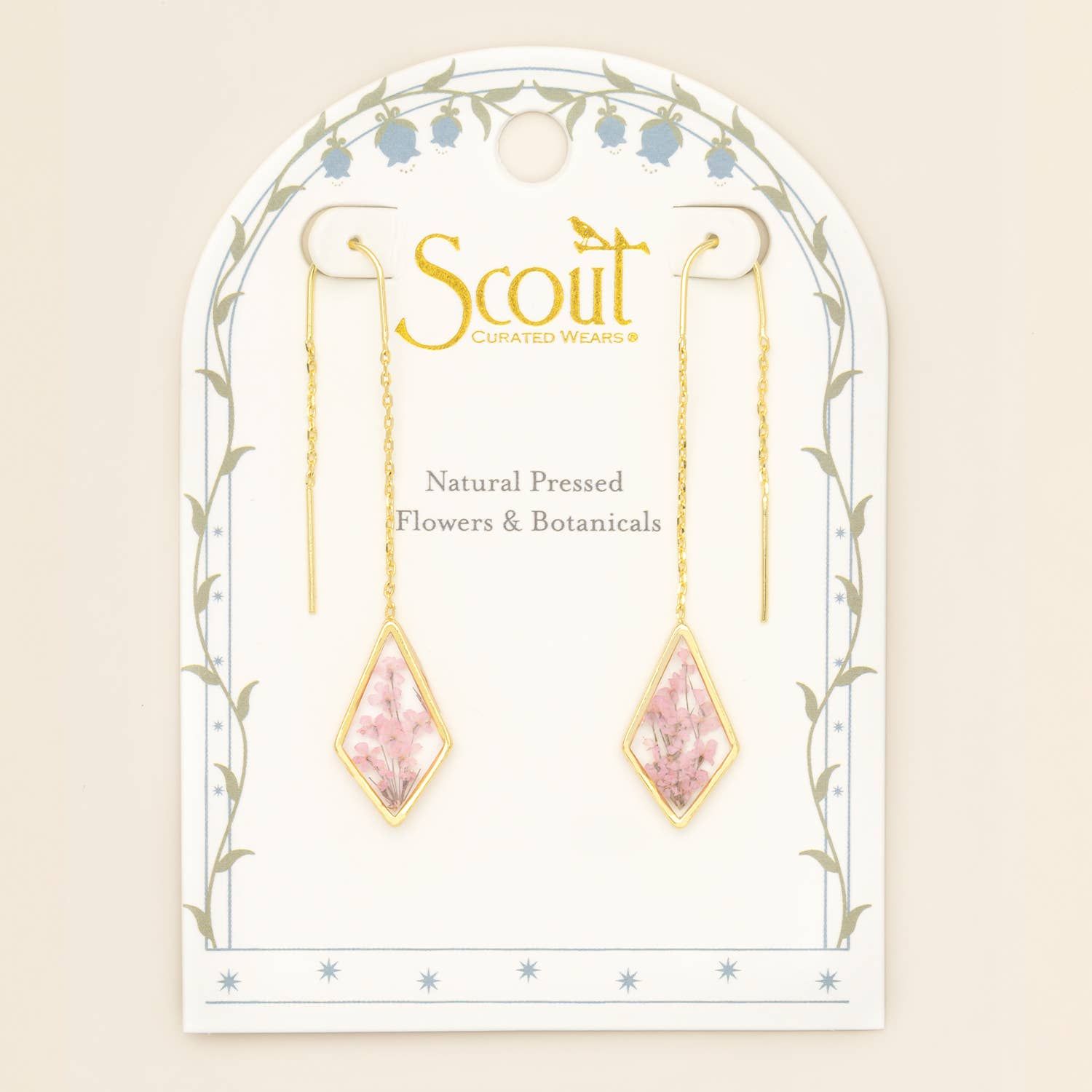 Pressed Flower Thread Earring - Pink Lace Flower/Gold