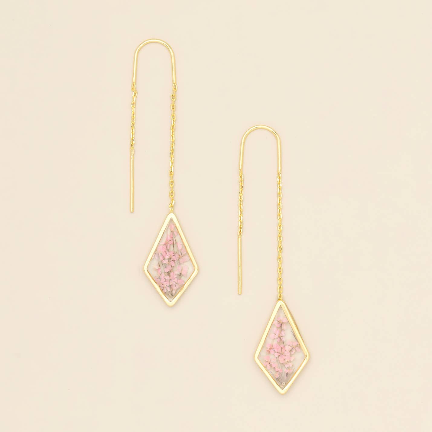 Pressed Flower Thread Earring - Pink Lace Flower/Gold