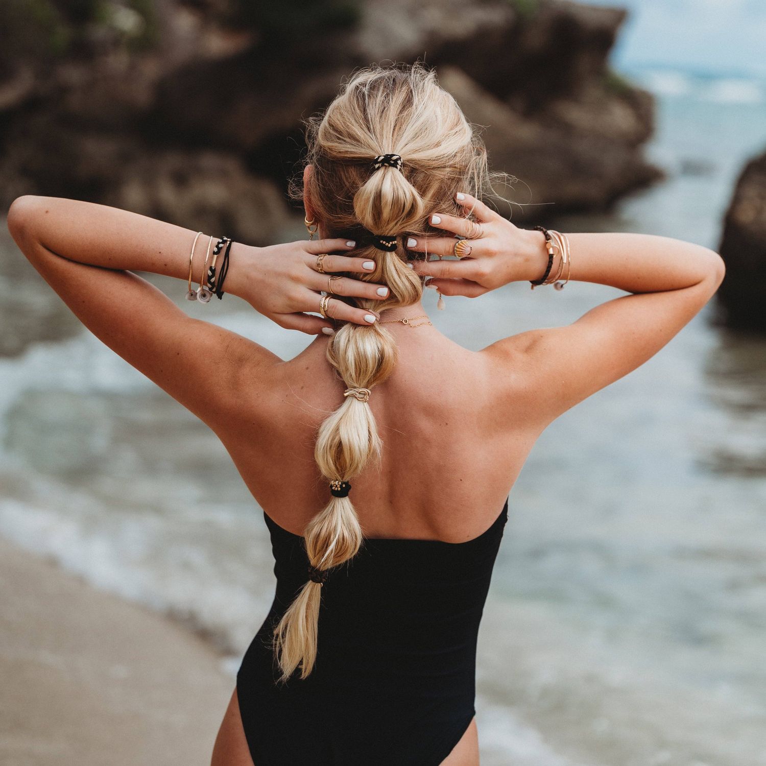 "Connect" Black &amp; Cream with Gold Accent Hair Tie Bracelets, Small