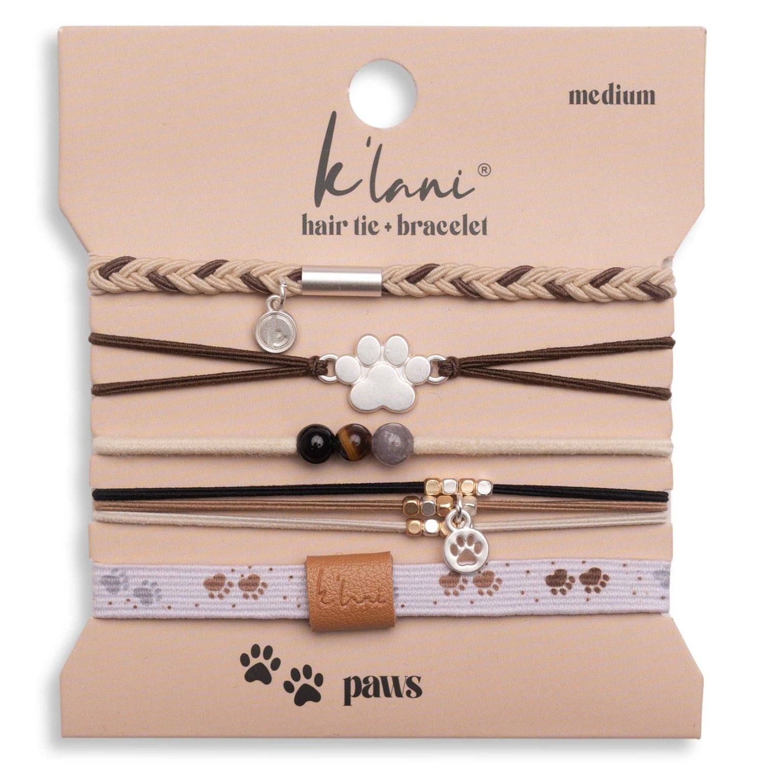 "Paws" Natural Hues with Silver &amp; Paw Accents Hair Tie Bracelet - Medium