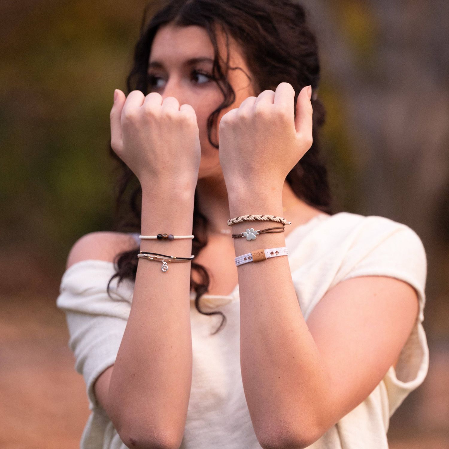 "Paws" Natural Hues with Silver &amp; Paw Accents Hair Tie Bracelet - Medium