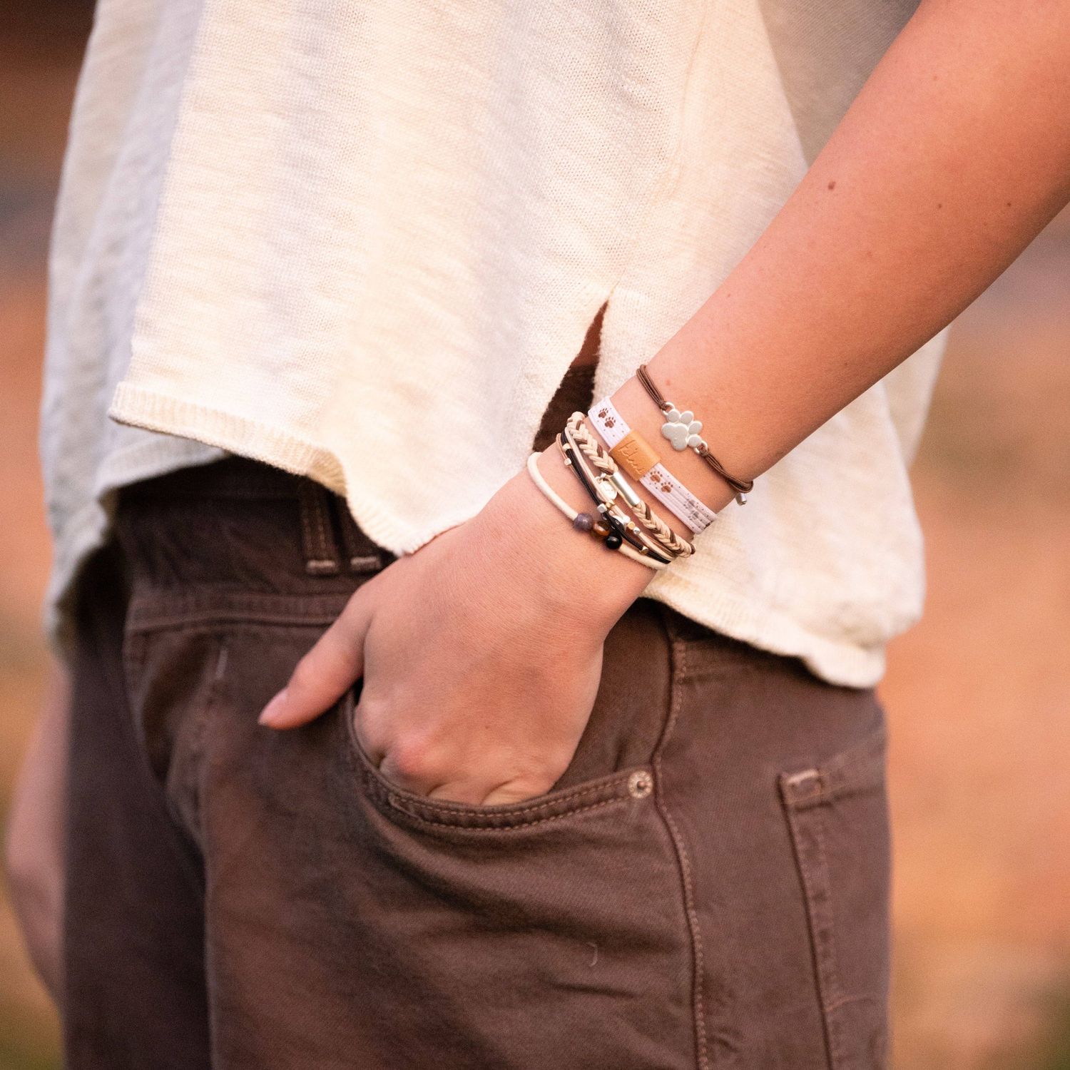 "Paws" Natural Hues with Silver &amp; Paw Accents Hair Tie Bracelet - Medium