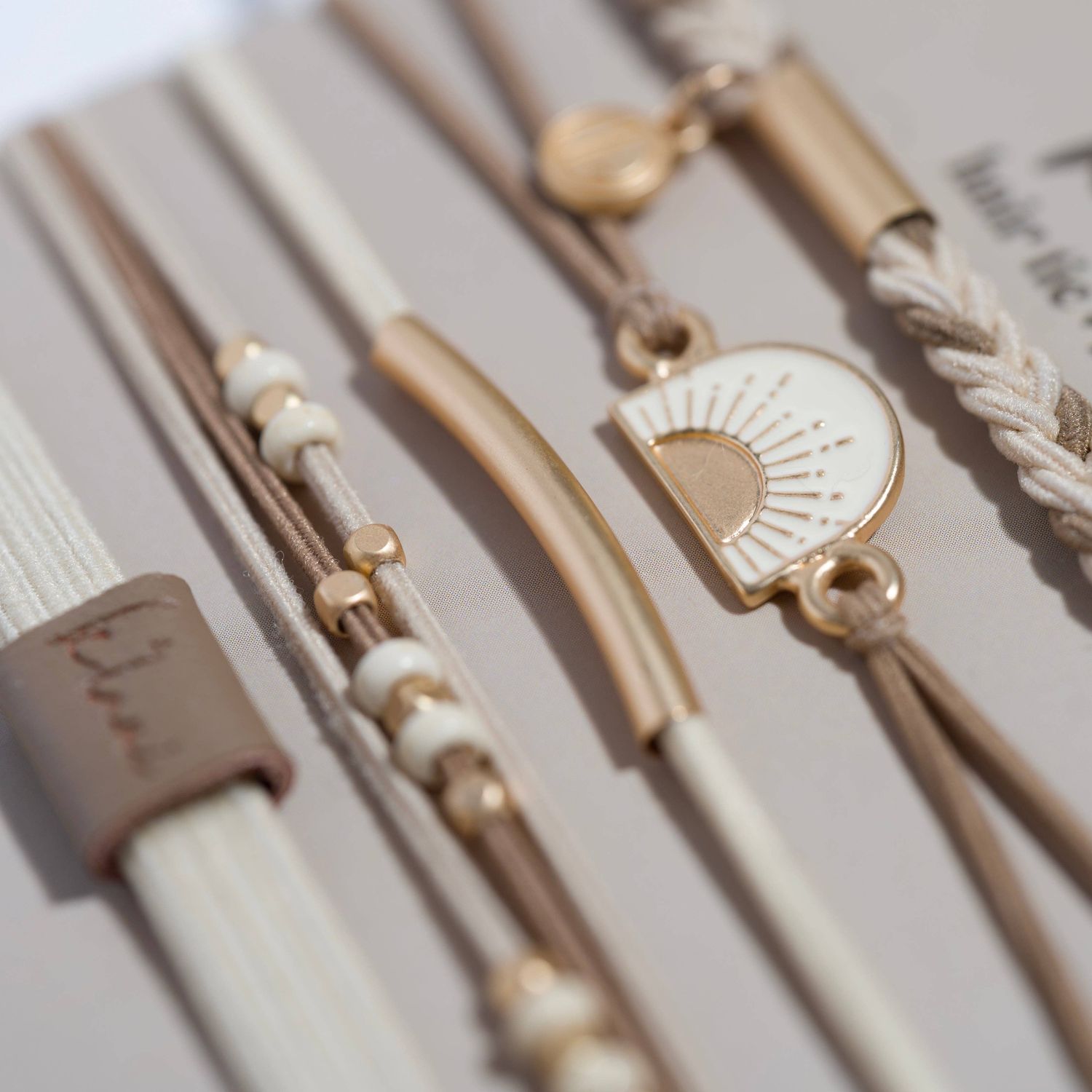 "Rise" Cream and Tan With Gold &amp; Sun Accents Hair Tie Bracelets, Medium