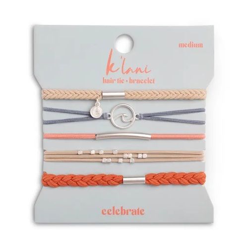 "Celebrate" Blues and Corals With Silver Wave Charm Hair Tie Bracelets - Medium