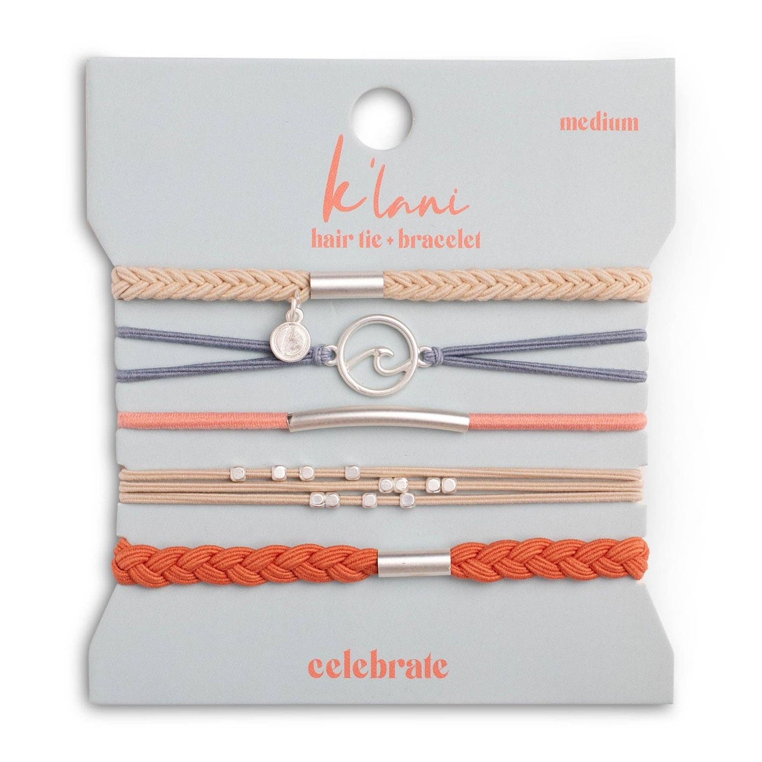 "Celebrate" Blues and Corals With Silver Wave Charm Hair Tie Bracelets - Medium