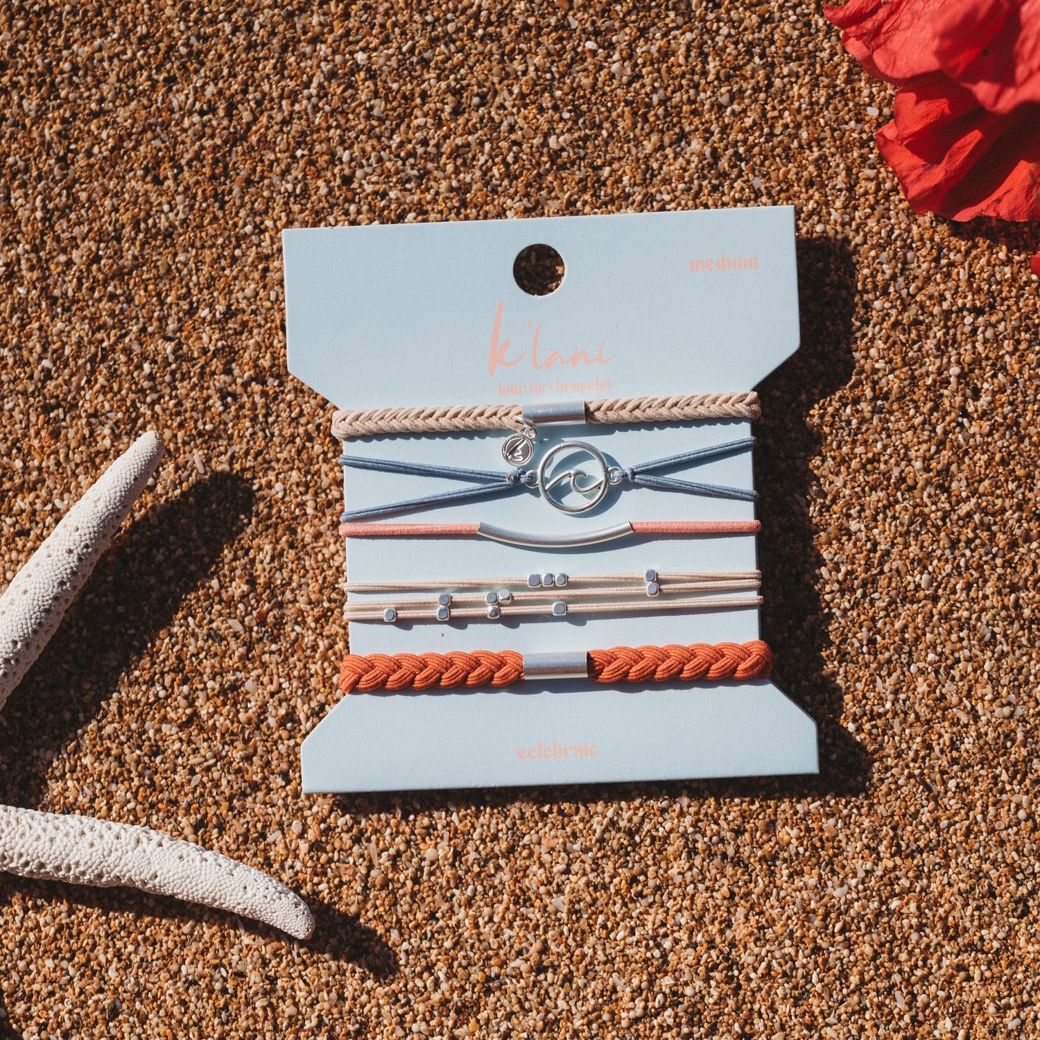 "Celebrate" Blues and Corals With Silver Wave Charm Hair Tie Bracelets - Medium