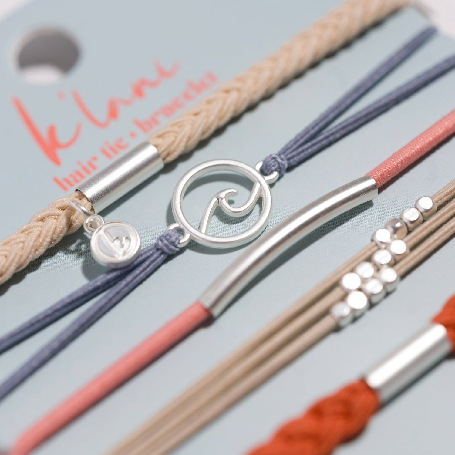 "Celebrate" Blues and Corals With Silver Wave Charm Hair Tie Bracelets - Medium