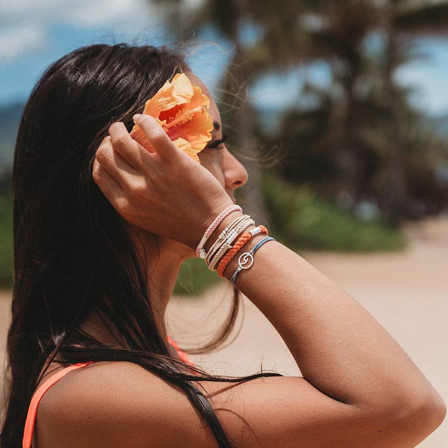 "Celebrate" Blues and Corals With Silver Wave Charm Hair Tie Bracelets - Medium