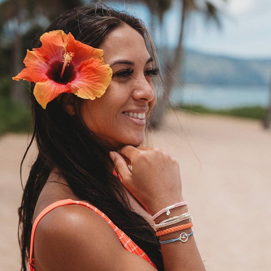 "Celebrate" Blues and Corals With Silver Wave Charm Hair Tie Bracelets - Medium