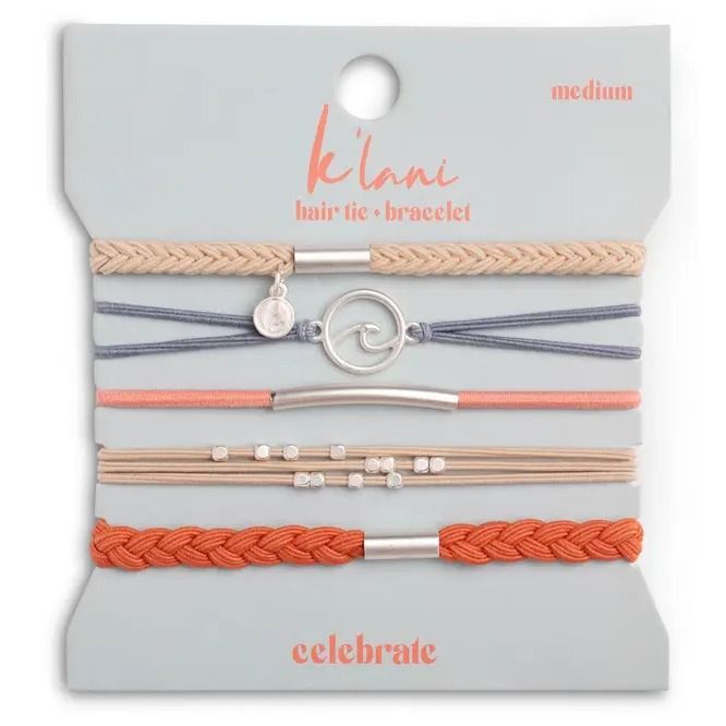 "Celebrate" Blues and Corals With Silver Wave Charm Hair Tie Bracelets - Medium