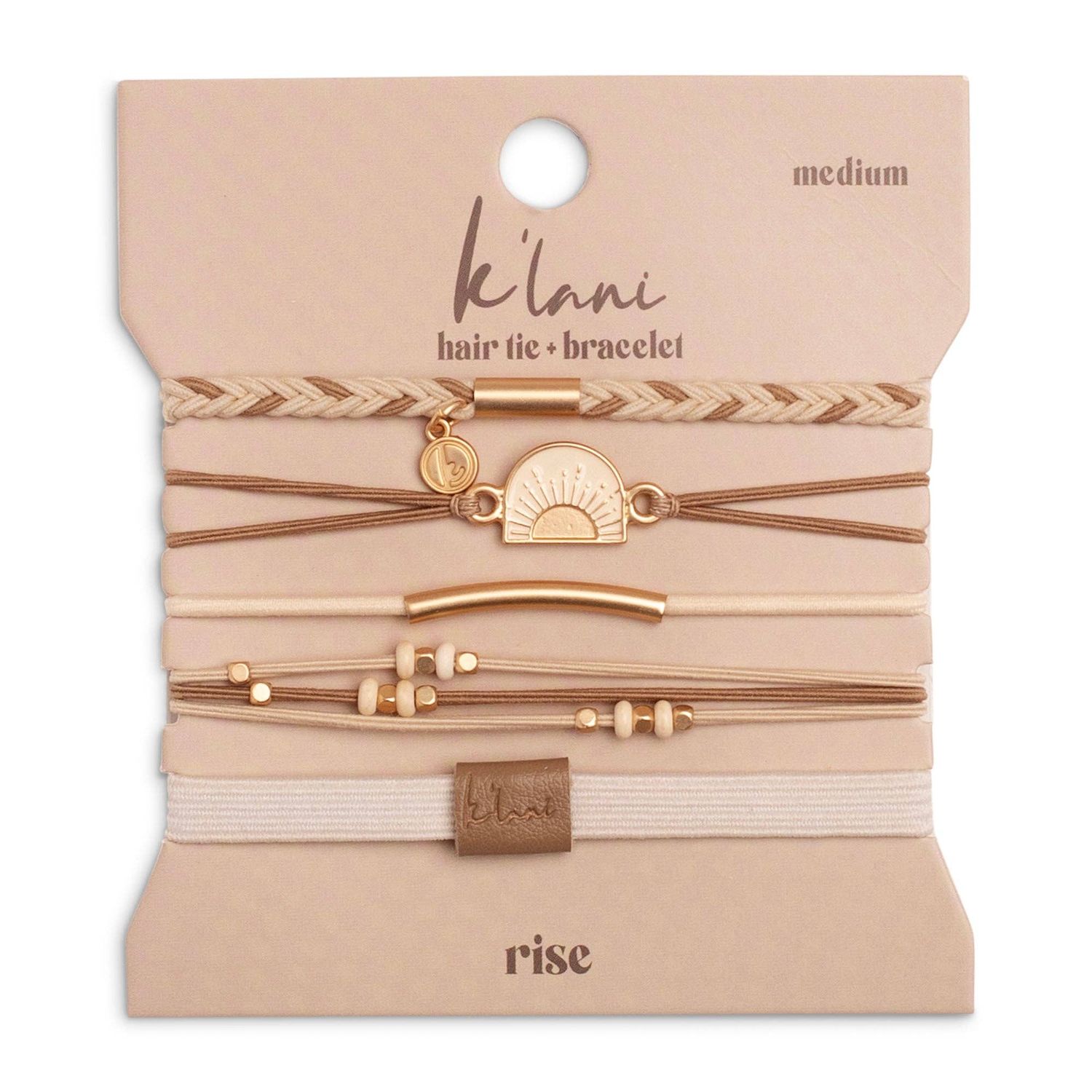 "Rise" Cream and Tan With Gold &amp; Sun Accents Hair Tie Bracelets, Small