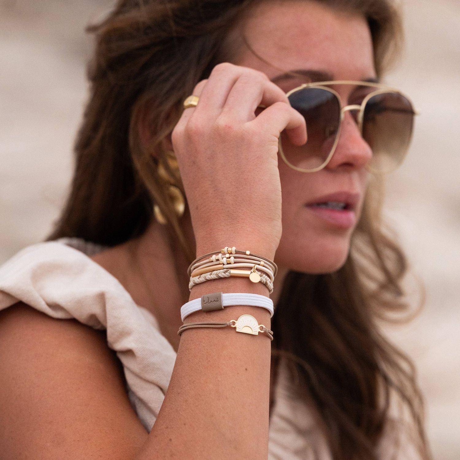 "Rise" Cream and Tan With Gold &amp; Sun Accents Hair Tie Bracelets, Small