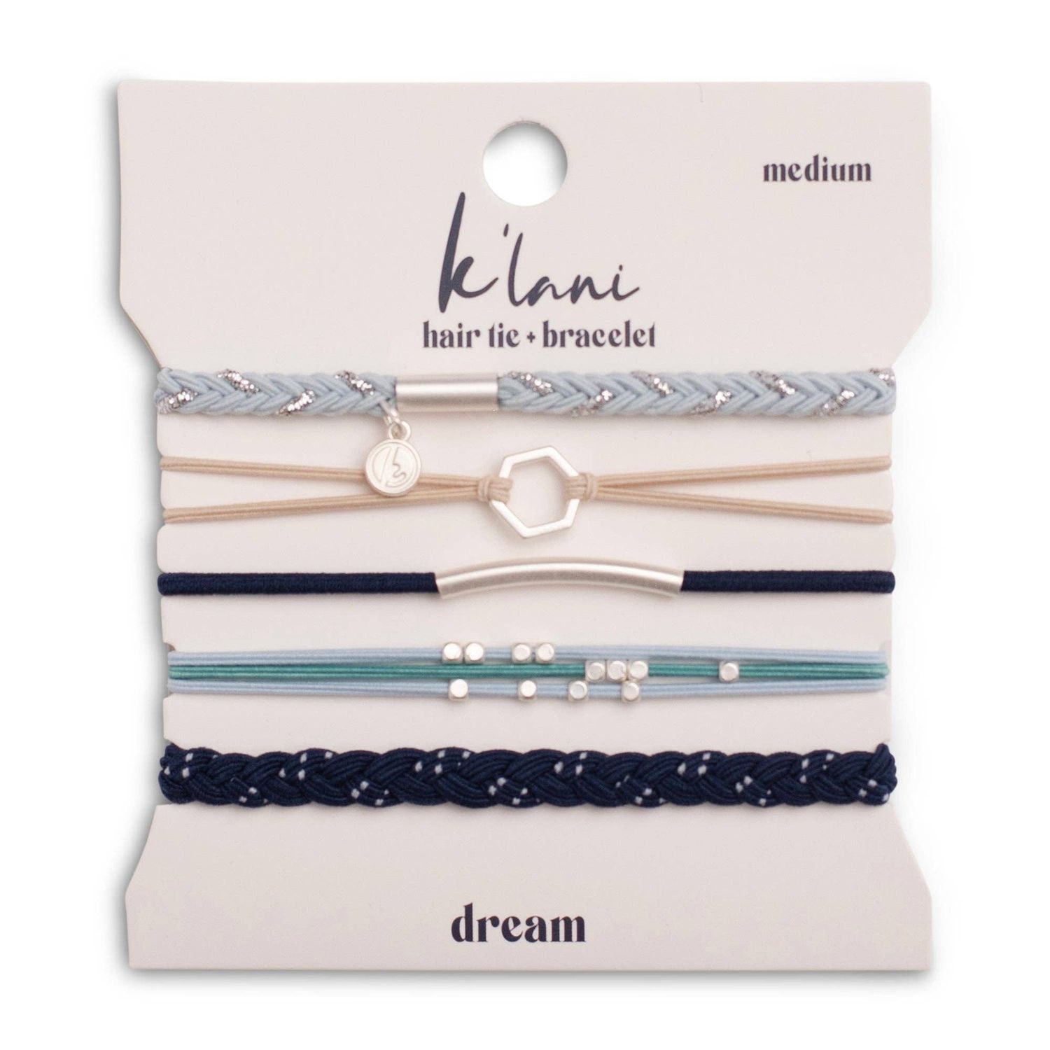 "Dream" Shades of Blue with Silver Accents Hair Tie Bracelets, Medium