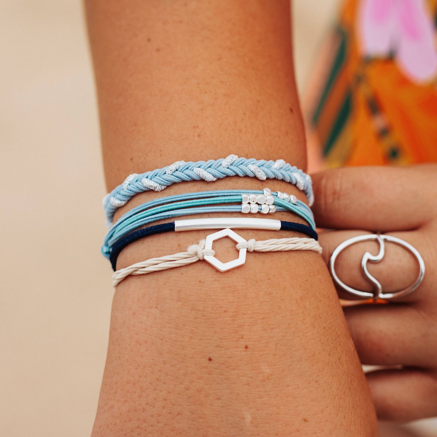 "Dream" Shades of Blue with Silver Accents Hair Tie Bracelets, Medium
