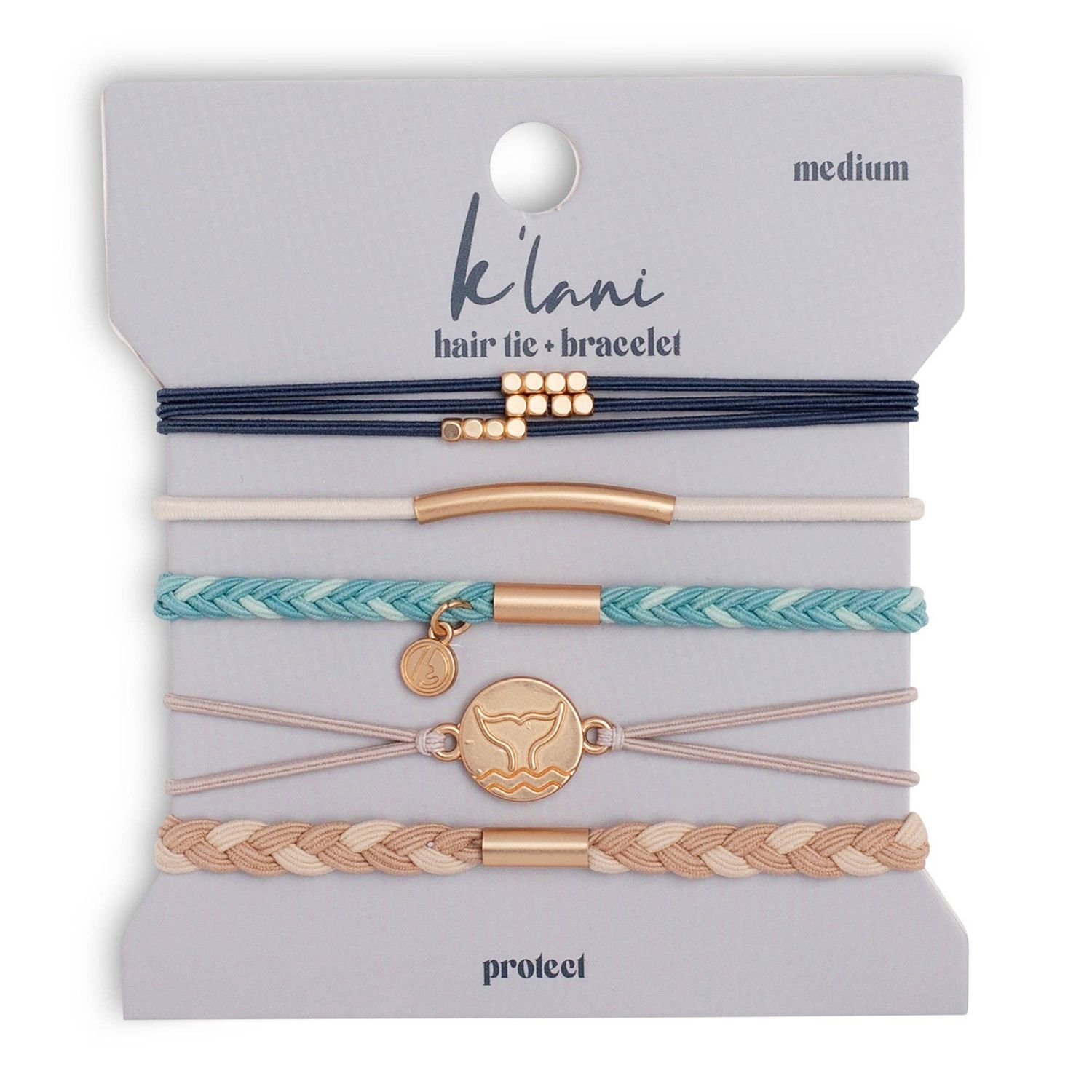"Protect" Beachy Blues &amp; Sands with Whale Charm Hair Tie Bracelets, Medium