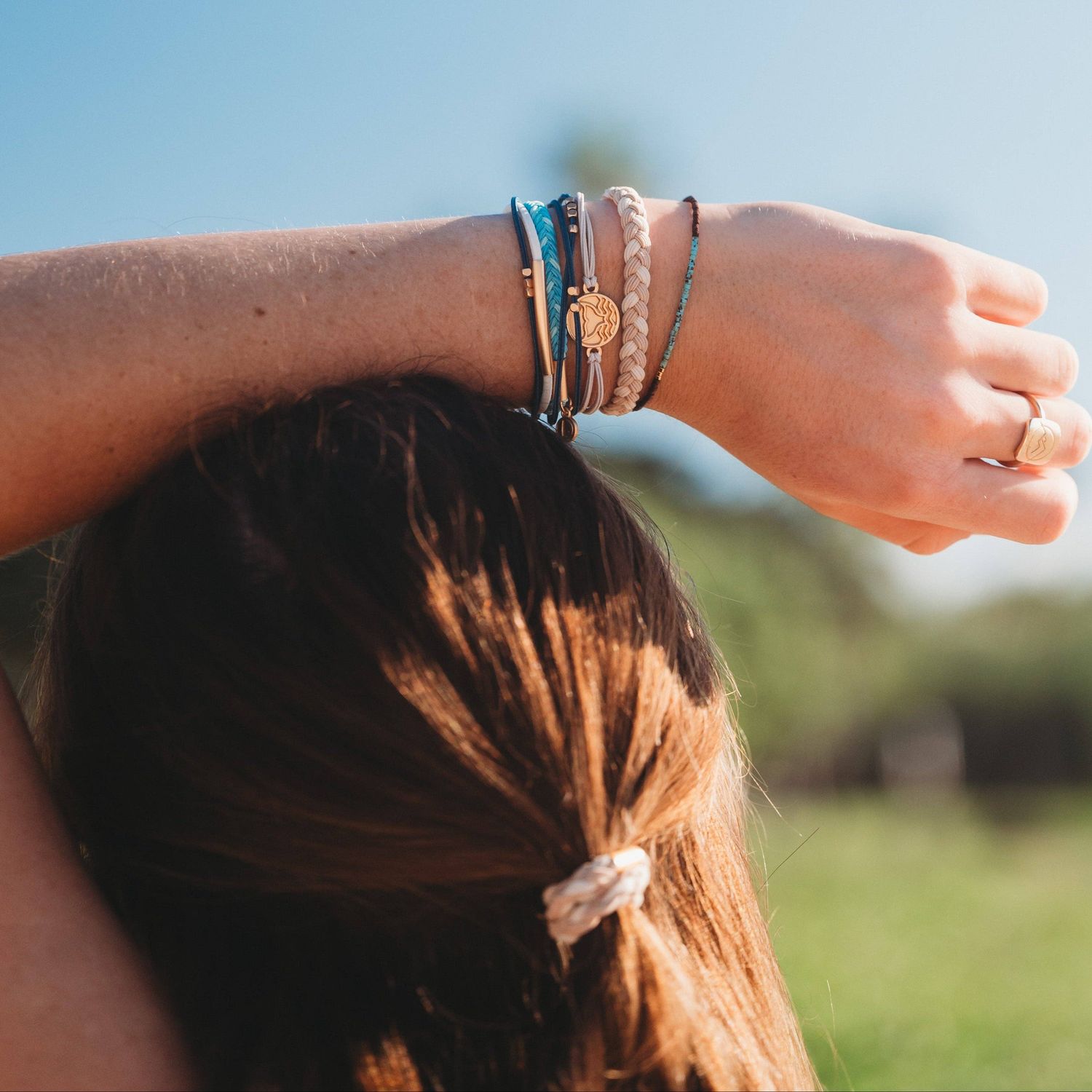 "Protect" Beachy Blues &amp; Sands with Whale Charm Hair Tie Bracelets, Medium