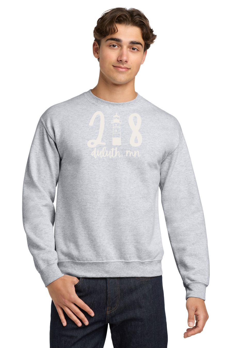 218 Duluth Lighthouse Crewneck, Ink Color: Soft White, Size: XS, Garment Color: Ash