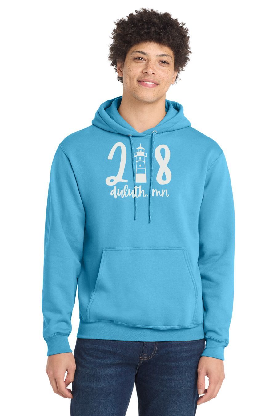218 Duluth Lighthouse Hoodie, Ink Color: Soft White, Size: S, Garment Color: Aquatic Blue