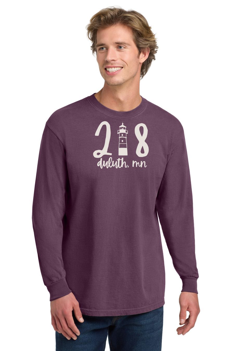 218 Duluth Lighthouse Long Sleeve, Ink Color: Soft White, Size: S, Garment Color: Berry