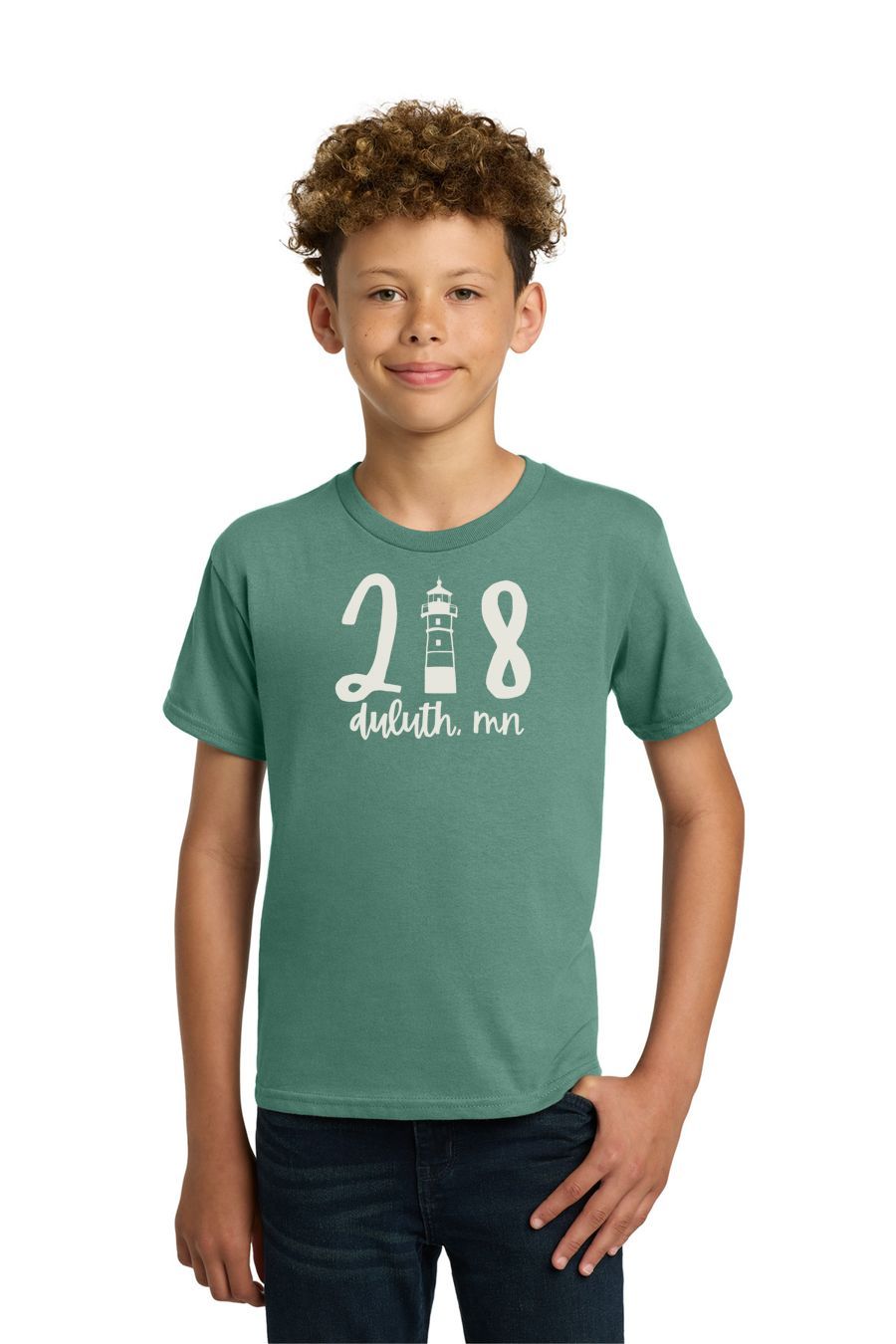 218 Duluth Lighthouse Youth Tee, Ink Color: Soft White, Size: XS, Garment Color: Aquatic