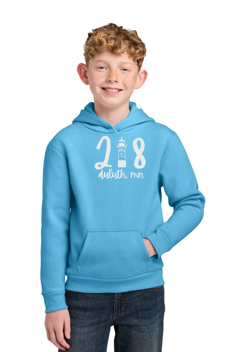 218 Duluth Lighthouse Youth Hoodie, Ink Color: Soft White, Size: XS, Garment Color: Aquatic Blue