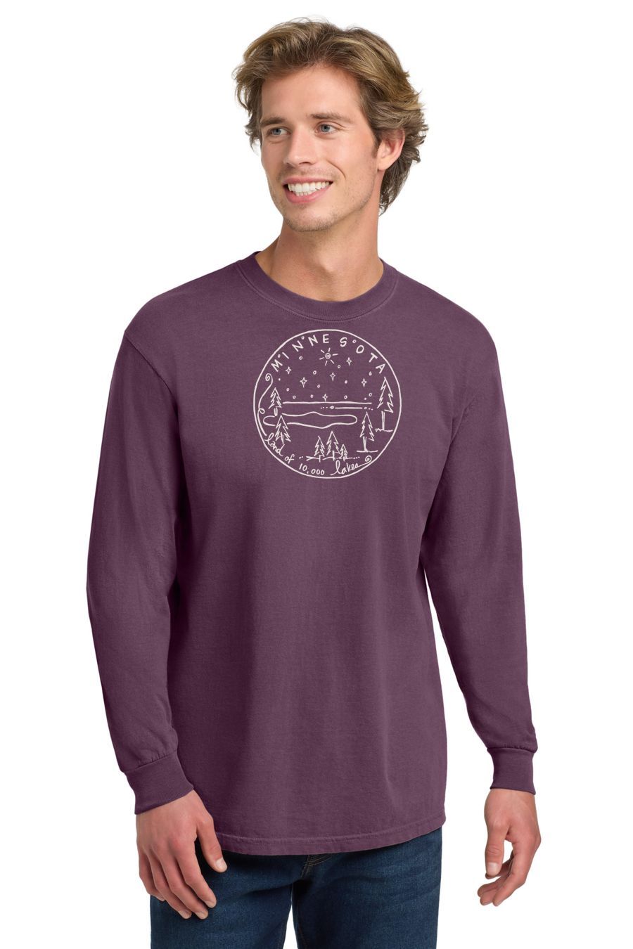 10000 Lakes Sketch Long Sleeve, Ink Color: Soft White, Size: S, Garment Color: Berry