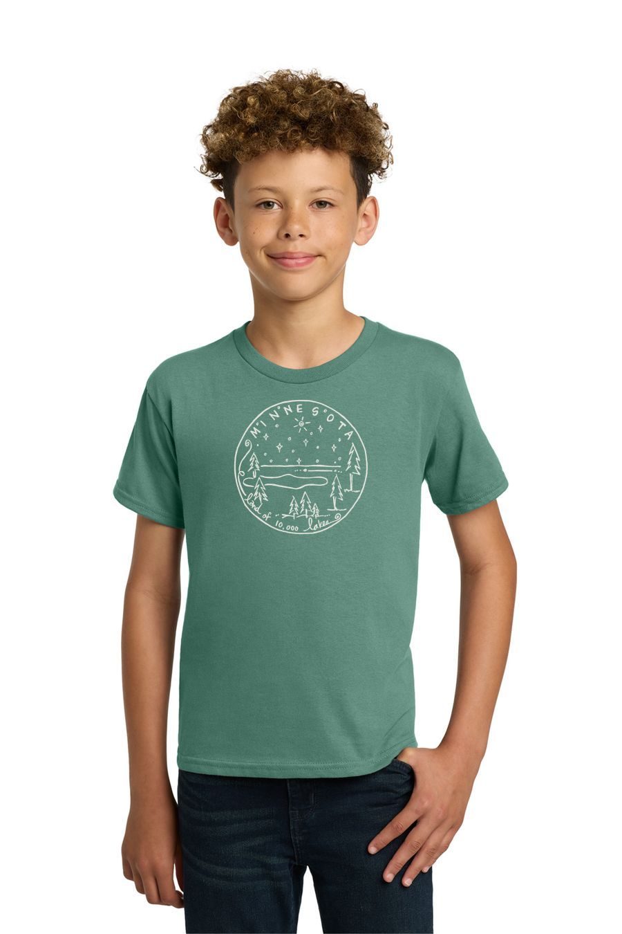 10000 Lakes Sketch Youth Tee, Ink Color: Soft White, Size: XS, Garment Color: Aquatic