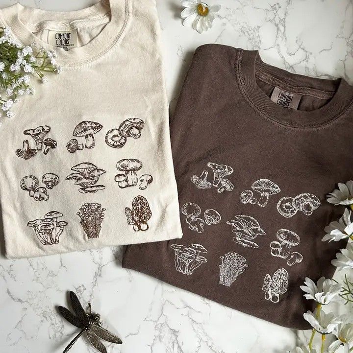 Embroidered Mushroom Outdoorsy Plant Tshirt - Off-White, Size: S