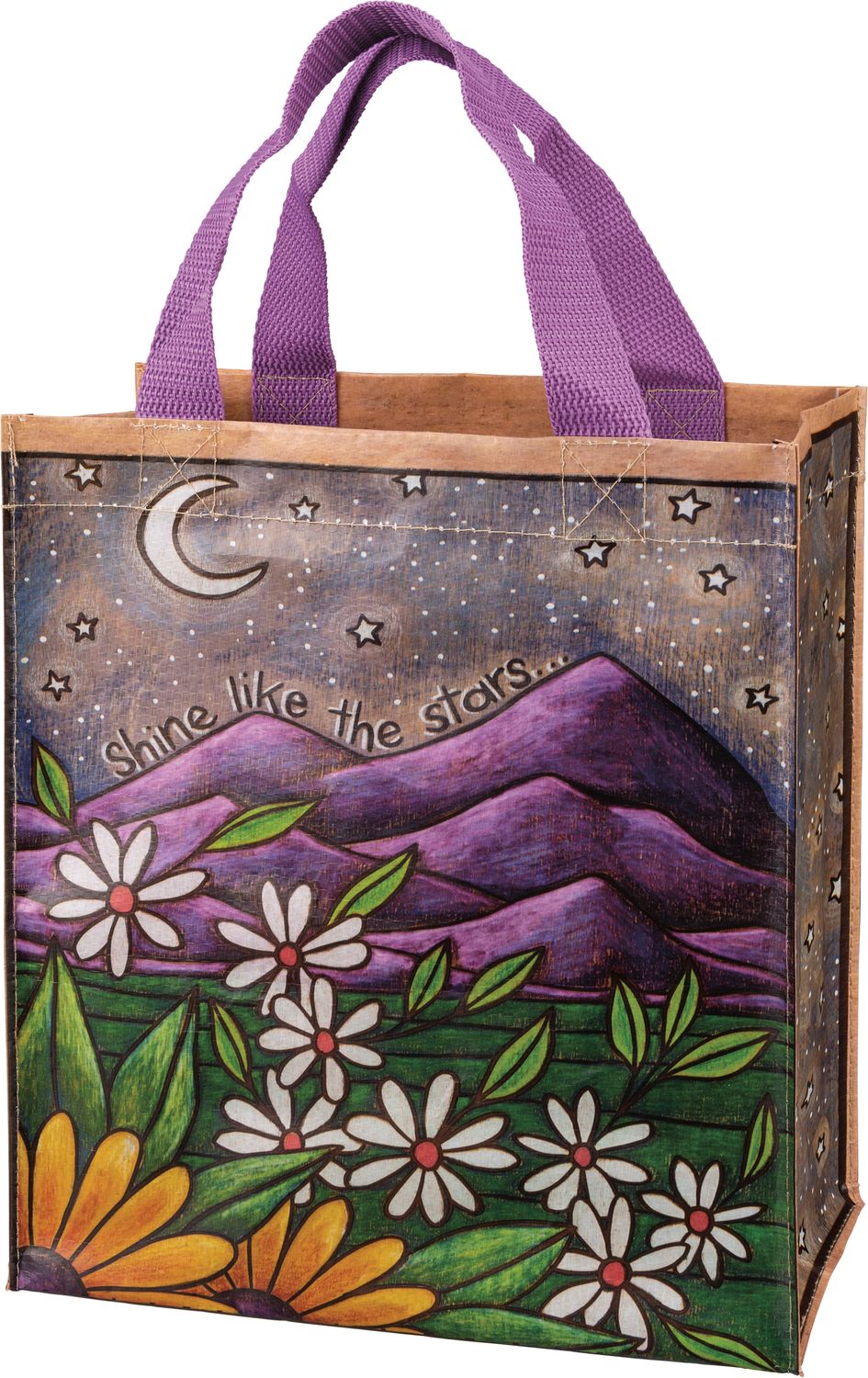 Woodburned Design Mountains &amp; Daisies Shine Like The Stars Daily Tote Bag | Primitives by Kathy