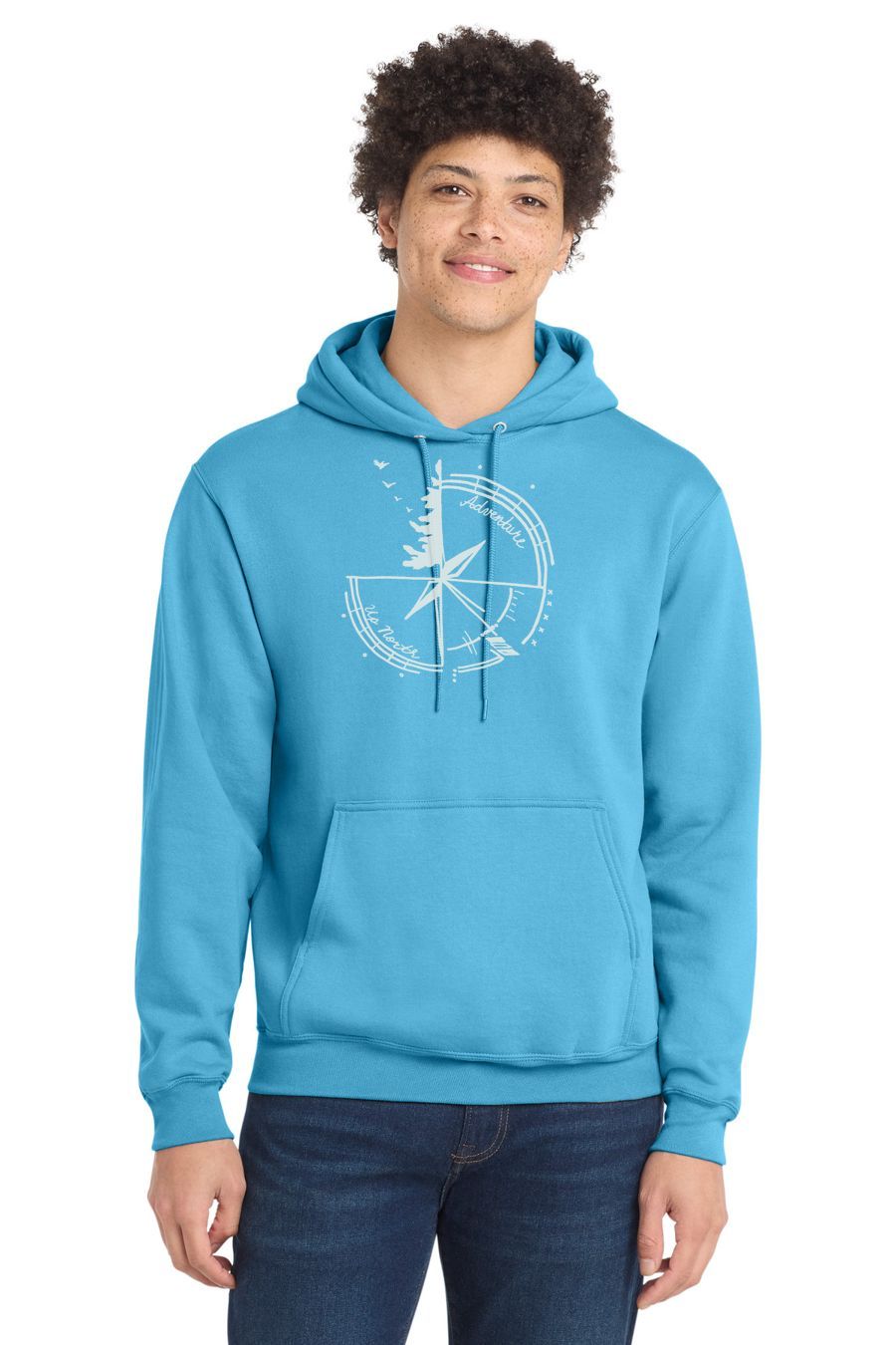 Adventure Up North Compass Hoodie, Ink Color: Soft White, Size: S, Garment Color: Aquatic Blue