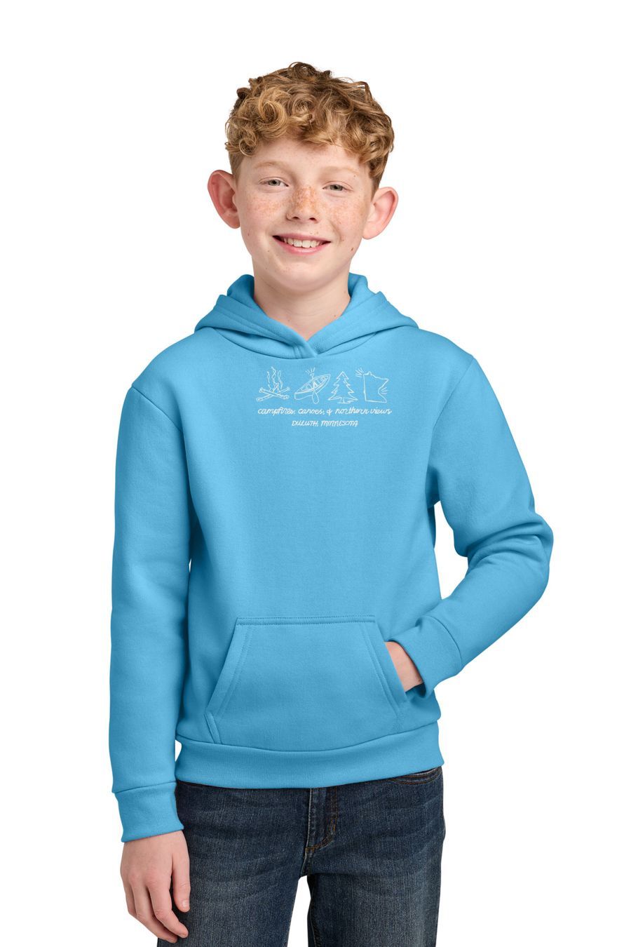 Campfires Canoes &amp; Northern Views Youth Hoodie, Ink Color: Soft White, Size: XS, Garment Color: Aquatic Blue